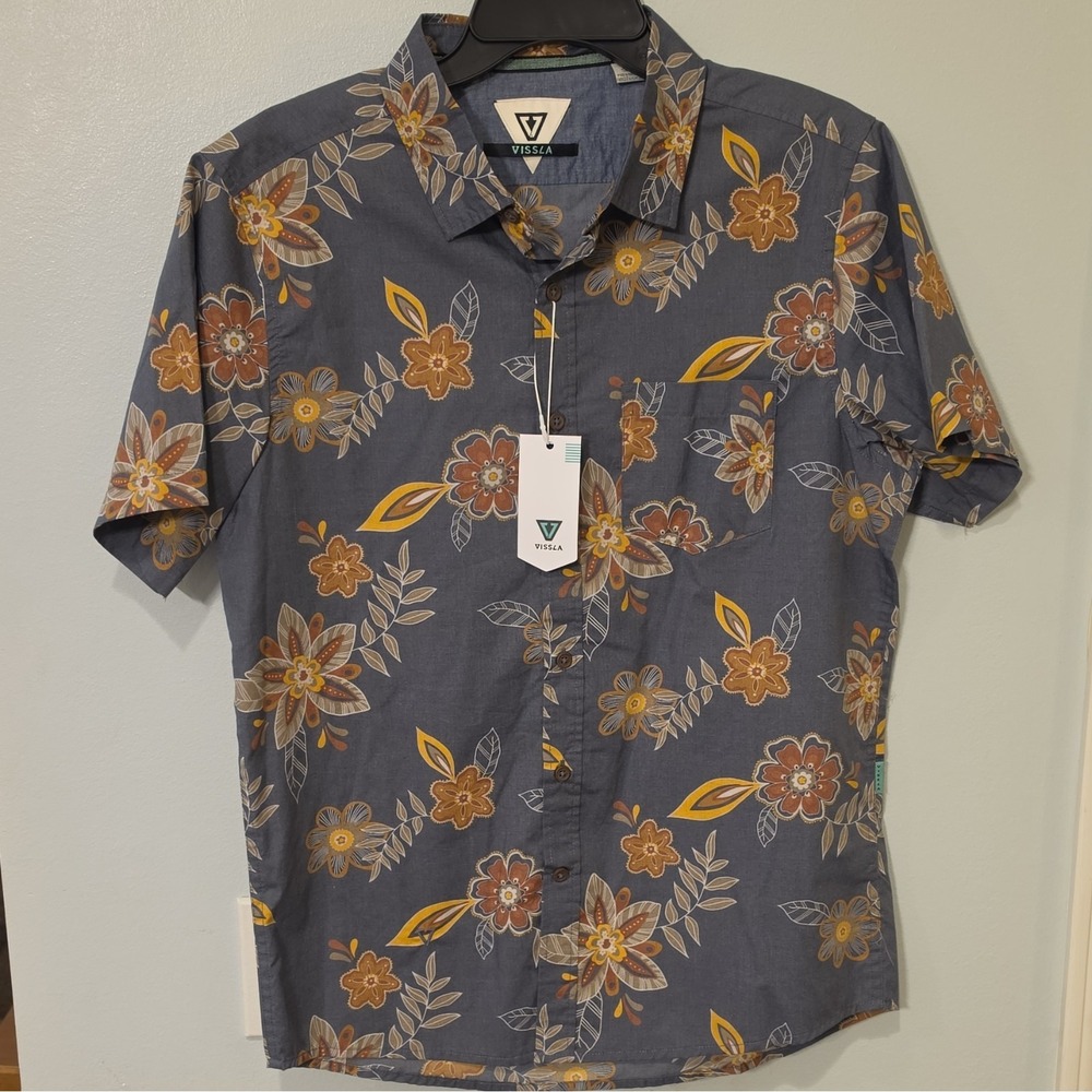 Vissla Men's Woven Cotton/Poly SS Button-Up Floral Pockets S Gray #270 - Picture 2 of 8